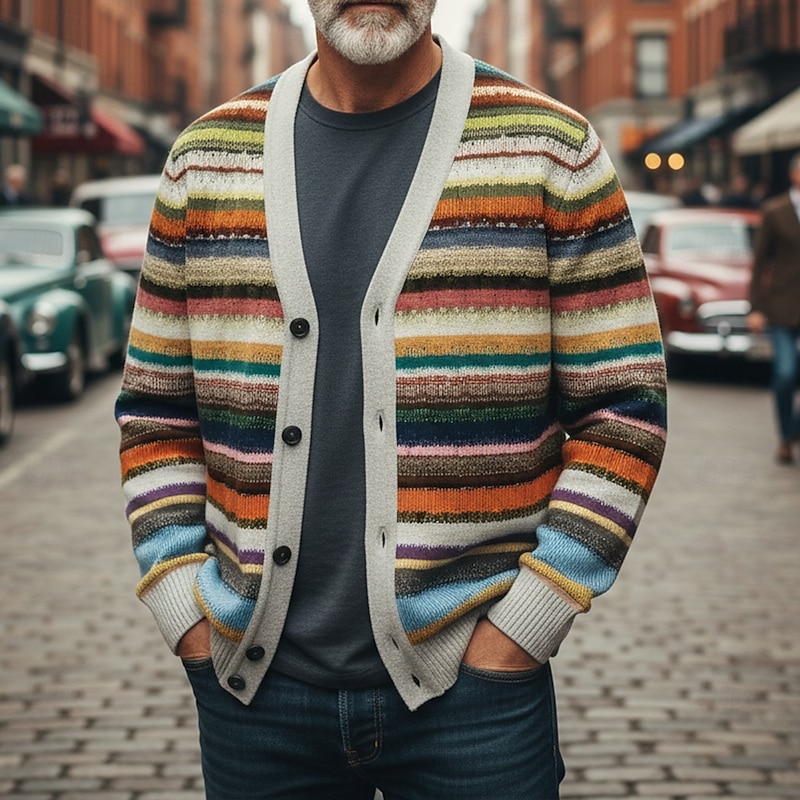 Christmas Men's Horizontal Stripes Sweater Cardigan Sweater V Neck Retro Vintage Casual Outdoor Home Party Buckle Long Sleeve Fall Winter Multicolor