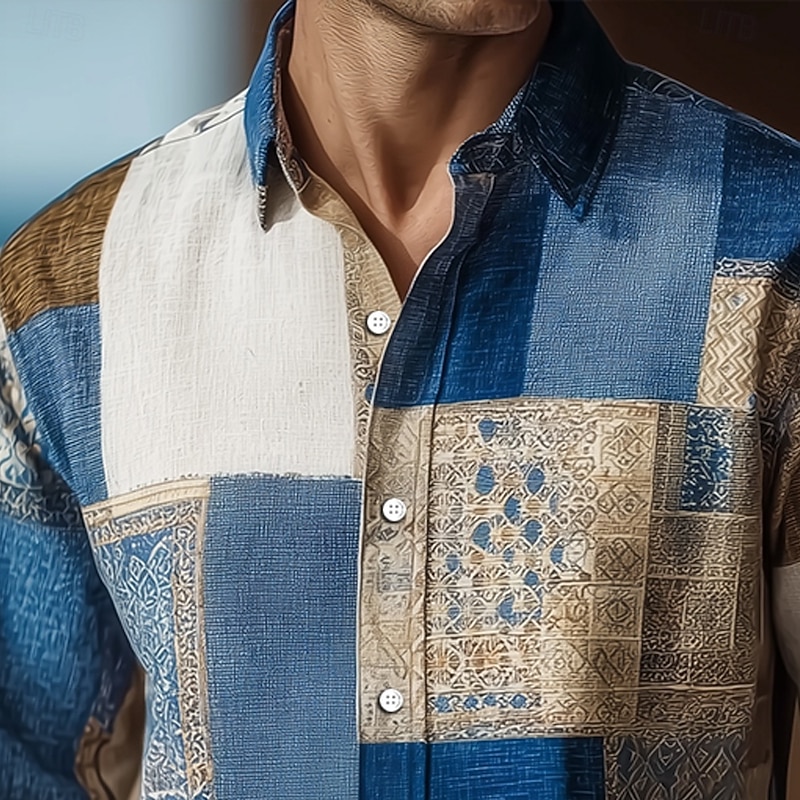 Men's Color Block Patchwork Geometric Pattern Shirt Button Up Shirt Long Sleeve Vintage Retro Outdoor Casual Daily Spring Fall Turndown 3D Print Linen Like Shirt Blue green Wine Blue Brown Green2