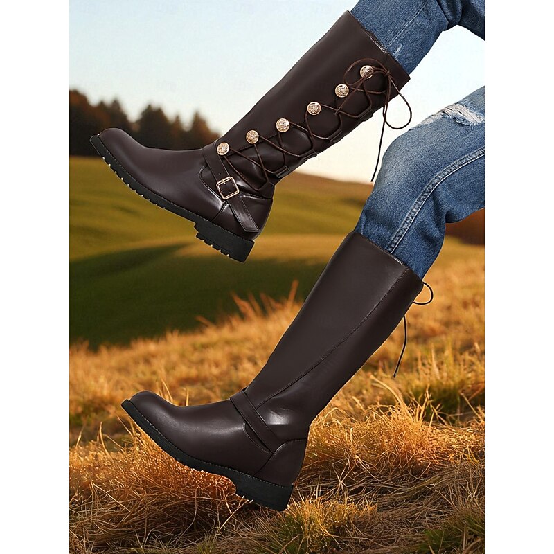 Women's Faux Leather Riding Boots – Brown Knee-High Lace-Up Equestrian Style with Buckle Strap and Decorative Buttons for Farm Work, Horseback Riding and Outdoor Fall Activities4