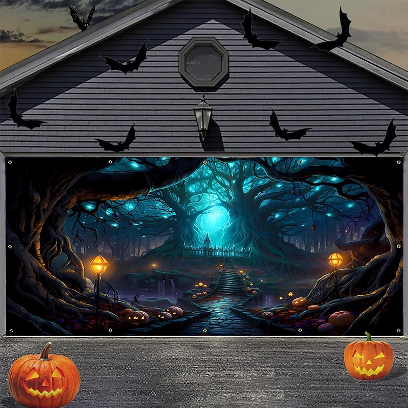 Halloween Tapestry Garage Door Cover Large Hanging Backdrop Cemetery Fantasy Dark Punk Gothic Style Party Outdoor Shooting Backgrounds Yard Haunted House Home Decor3
