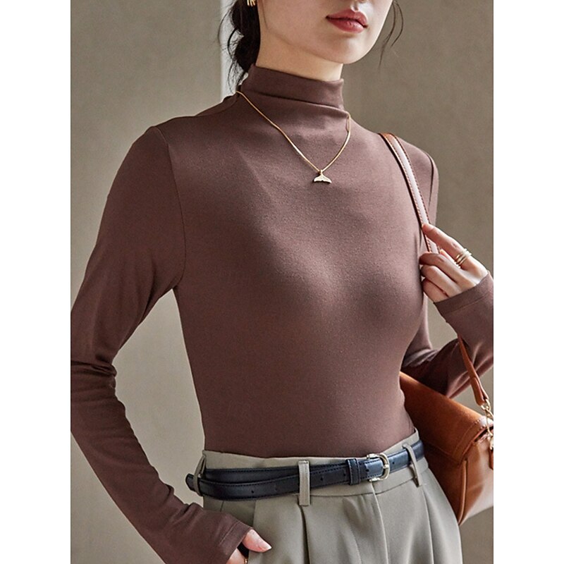 Women's Blouse Solid Color Stylish Casual Long Sleeve Turtleneck Regular Tops Daily Black White Pink Brown Beige Spring Fall Winter2