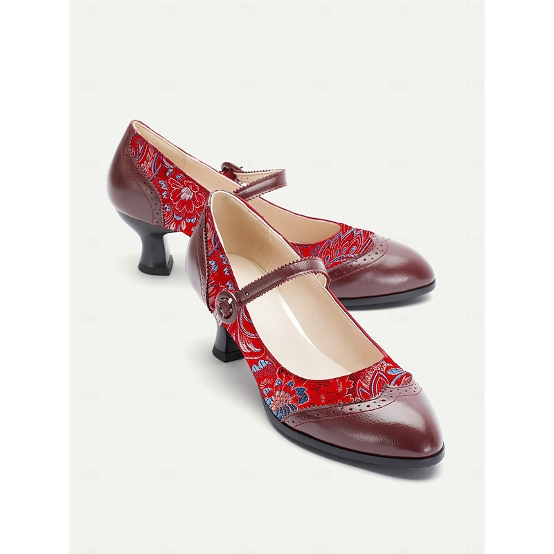 Women's 1950s Vintage Red Jacquard Mary Jane Heels - Retro Mid Heel Dress Shoes with Floral Brocade Pattern and Button Strap for Gatsby Parties, Formal Events and Daily Styling4