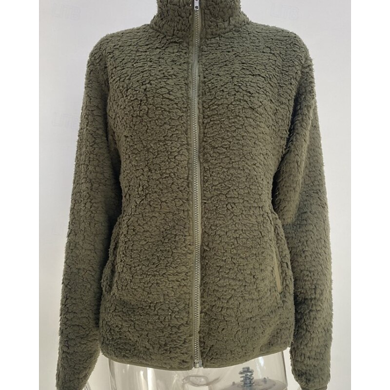 Women's Winter Jacket Teddy Coat Warm Comfortable Zipper Pocket Casual Plain Vacation Street Casual Daily Wear Regular Turndown Regular Fit Long Sleeve Outerwear Black Wine Navy Blue Fall Winter3