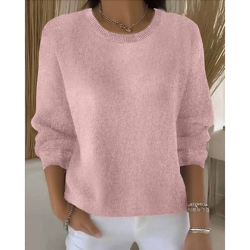 Women's Sweater Fashion Streetwear Casual Pure Color Ribbed Crew Neck Knitted Long Sleeve Regular Tops Knit Outdoor Daily Weekend Yellow Pink Fall Winter