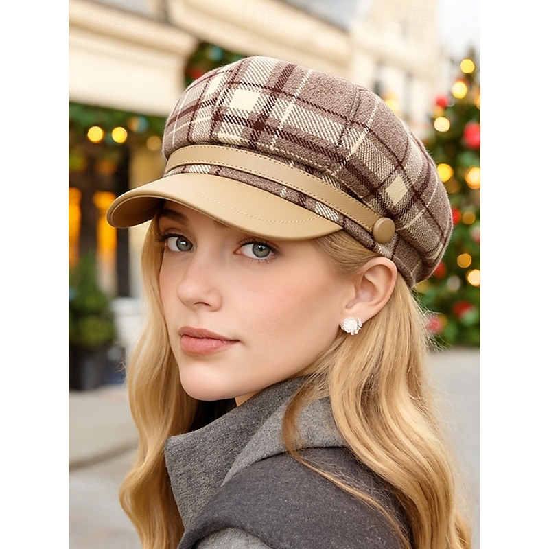 Women's Plaid Newsboy Cap with PU Leather Visor, Vintage Gatsby Baker Boy Hat in Multiple Colors, Stylish Christmas Party Accessory and Winter Gift3