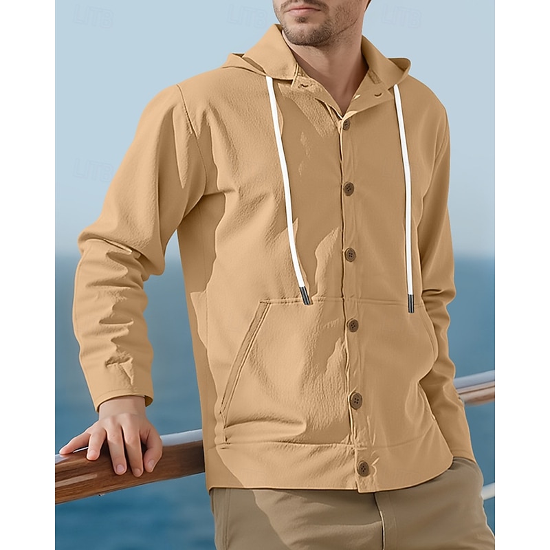 Men's Shirt Summer Shirt Casual Shirt Beach Shirt Button Up Shirt Black White Yellow Navy Blue khaki Long Sleeve Plain Hooded Vacation Hawaiian Drawstring Clothing Apparel Fashion Casual Comfortable2