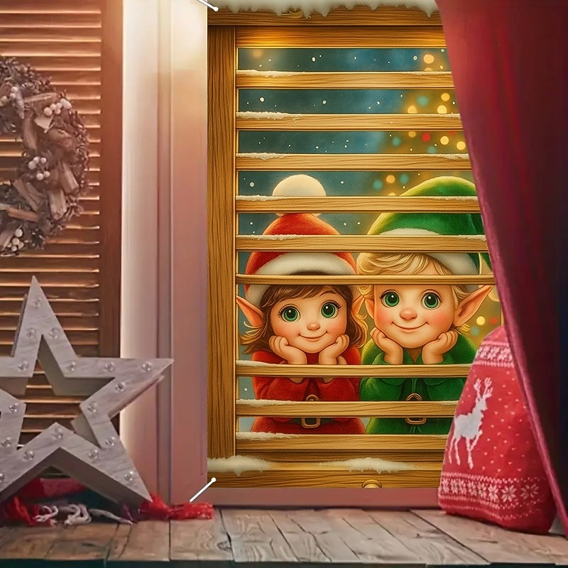 Christmas Children by Window Curtain, 2025 Xmas Festive Winter Window Curtain Door Cover, Holiday Home Decoration for Party, Living Room, Front Door