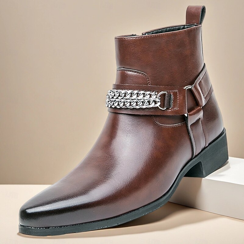 Men's Brown Faux Leather Chelsea Boots with Chain Accent, Sleek and Modern Look for Formal Office Attire, Parties and Evenings Out