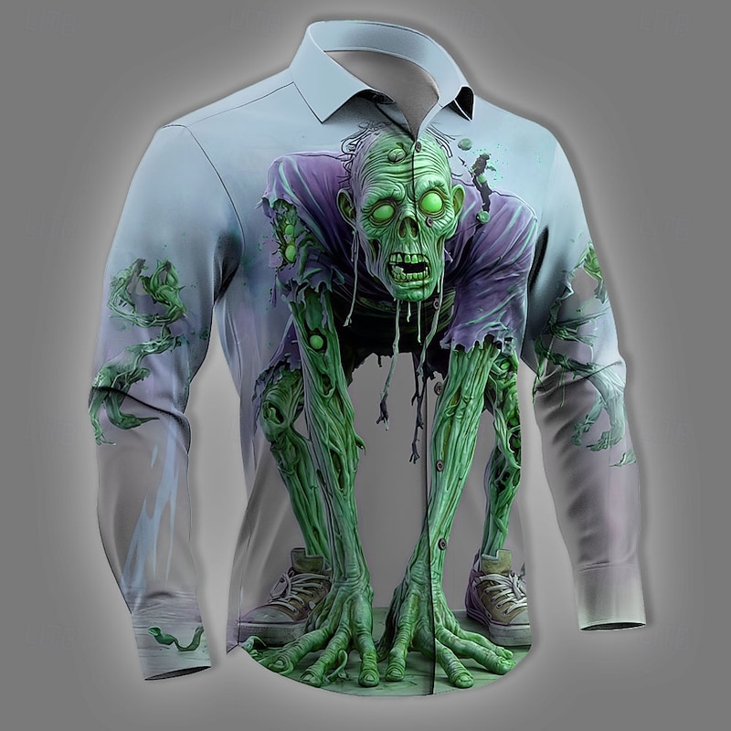 Halloween Men's Optical Illusion Zombies Horror Shirt Button Up Shirt Long Sleeve Dark Gothic Style Holiday Streetwear Spring Fall Turndown 3D Print Collared Shirts Pink Blue Purple Green3