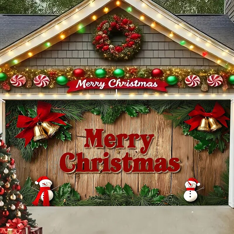 Christmas Outdoor Garage Door Cover Merry Christmas Wreath Large Tapestry Backdrop Holiday Party Wall Decoration For Outdoor Garage Door Home Christmas Festival Celebration Decor