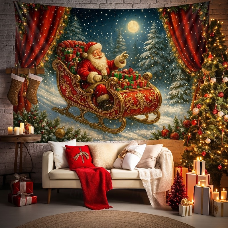 Chrismas Hanging Tapestry Santa Claus Sleigh Christmas Tree Sofa Large Wall Art Mural Decor Blanket Curtain Holiday Home Bedroom Living Room Festive Party Decoration