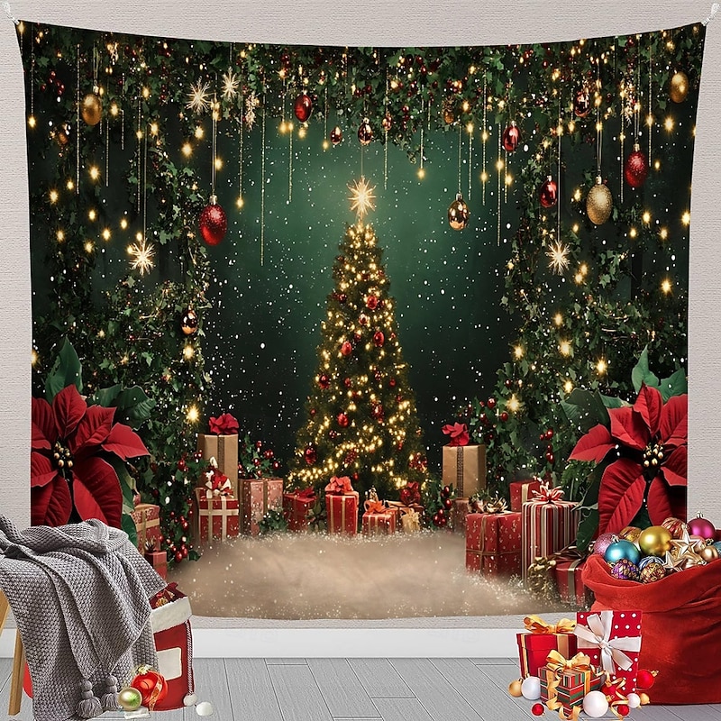 Chrismas Hanging Tapestry Christmas Tree Christmas Wreath Gift Boxes Large Wall Art Mural Decor Blanket Curtain Holiday Home Bedroom Living Room Festive Party Seasonal Celebration Decoration3
