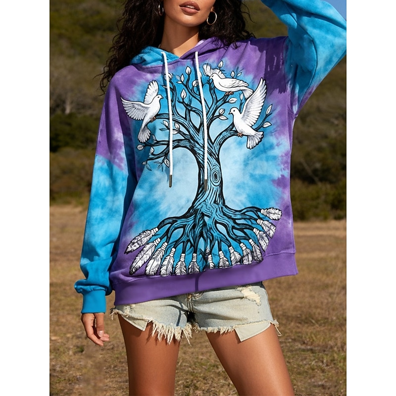 Women's Pullover Hoodies Graphic Fashion Streetwear Casual Long Sleeve Hooded Regular Tops Dailywear Casual Drawstring Print Blue Spring Fall