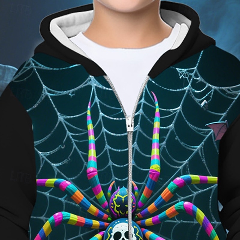 Halloween Boys' 3D Ghost Spider Hoodie Coat Outerwear Long Sleeve Spring Fall Adorable Sport Kids 4-12 Years Zip Street Daily Regular Fit2