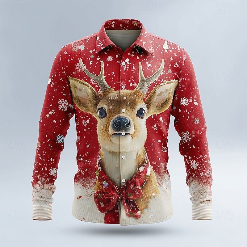 Christmas Men's Reindeer Snowflake Christmas Animal Shirt Button Up Shirt Long Sleeve Funny Outdoor Holiday Spring Fall Turndown 3D Print Collared Shirts Red Blue