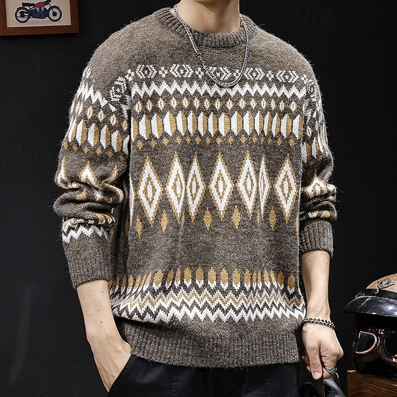 Men's Geometic Fair isle Sweater Pullover Sweater Jumper Knitwear Crewneck Casual Vacation Home Street 3D Print Knitting Keep Warm Long Sleeve Spring Fall Winter Brown3