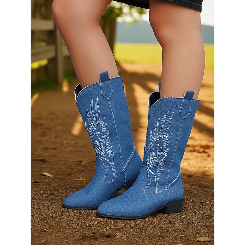 Women's Blue Denim Western Cowboy Boots with Embroidered Detail – Mid-Calf Pointed Toe Boots for Music Festivals, Rodeo Events and Country Style Outfits3
