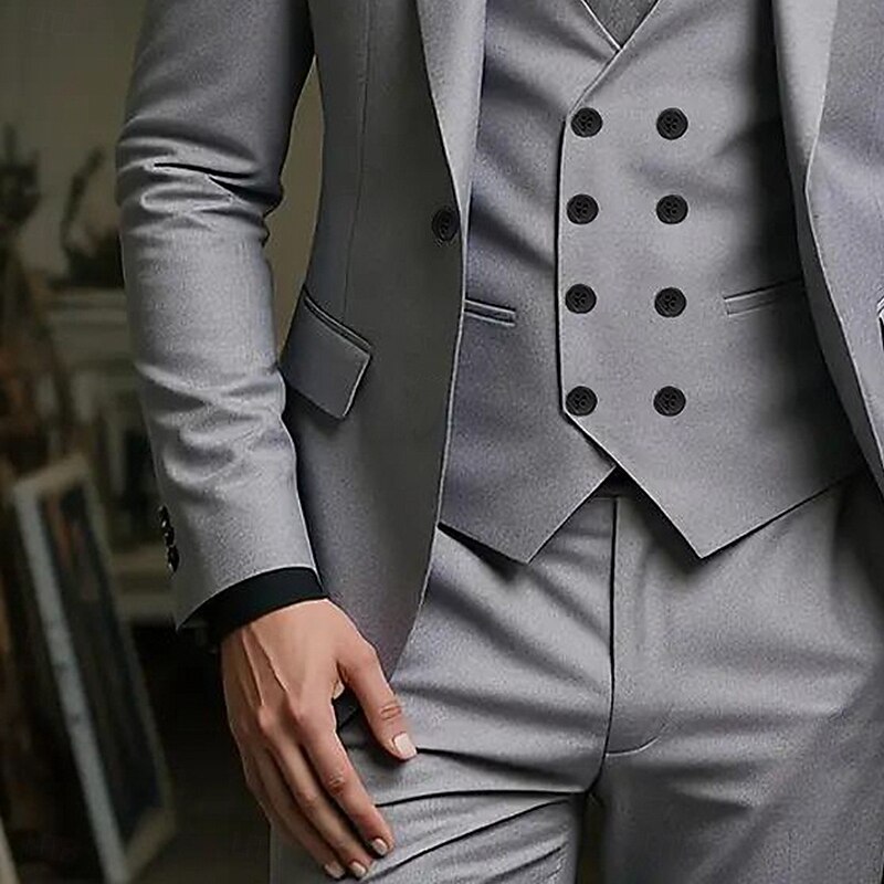Men's Wedding Casual Business Suits Peaked Lapel Light Khaki Navy Blue Formal Solid Colored Slim Fit 3 Piece Single Breasted One-button3
