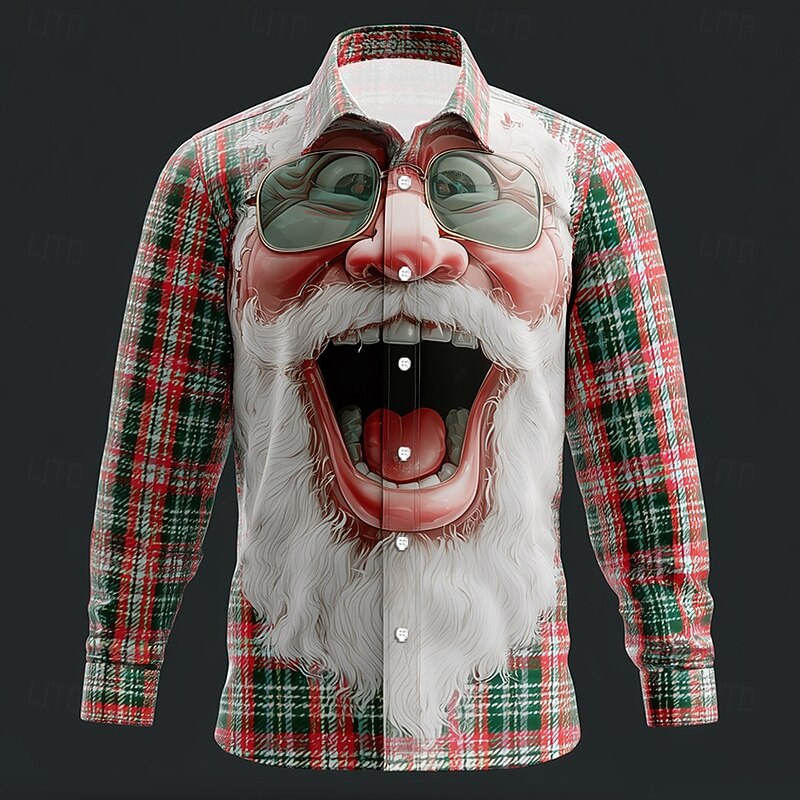 Christmas Men's Santa Claus Grid / Plaid 3D Cartoon Shirt Button Up Shirt Long Sleeve Funny Outdoor Holiday Spring Fall Turndown 3D Print Linen Like Shirt Red green Red2