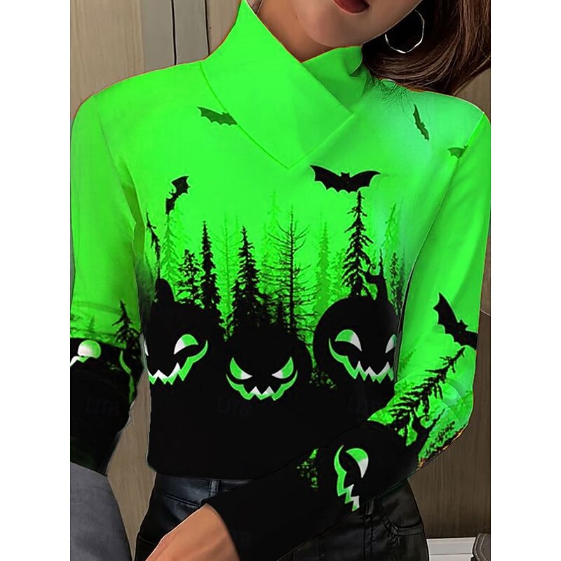 Halloween Women's T shirt Pumpkin Graphic Elegant Vintage Stylish Long Sleeve High Neck Regular Tops Daily Print Blue Purple Orange Green Spring Fall Winter4
