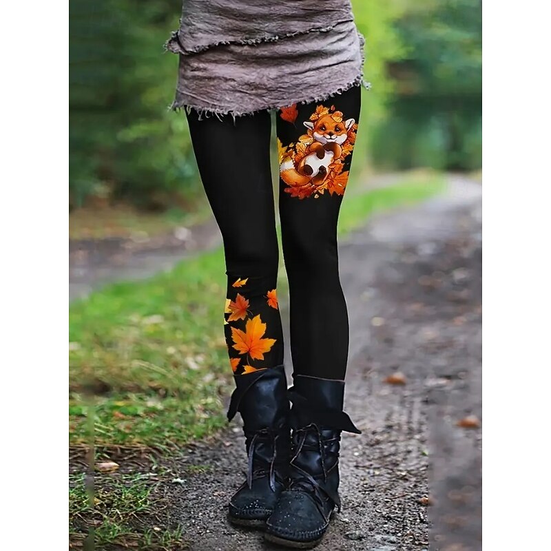 Women's Leggings Vacation Vintage Fashion Full Length High Waist Floral Graphic Leaf Printing Thermal Warm Soft Breathable Stretchy Vacation Street Black Orange Brown Spring Fall Winter Slim Fit4