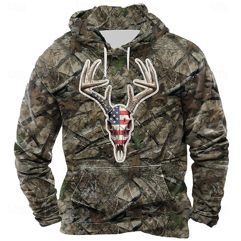 Men's Camo Camouflage Deer Hoodie Sweatshirt Tactical Crew Neck Hunting Blue Green Drawstring Fall Winter Designer