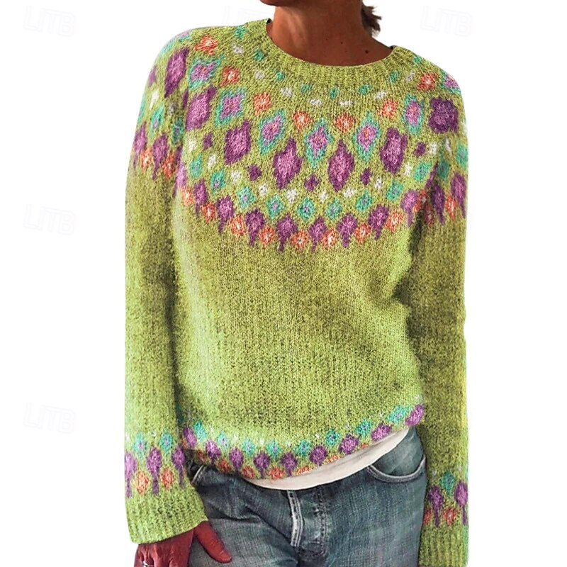 Women's Sweater Pullover Streetwear Casual Floral Crew Neck Knitted Print Long Sleeve Regular Tops Knit Daily Holiday Going out Blue Orange Fall Winter