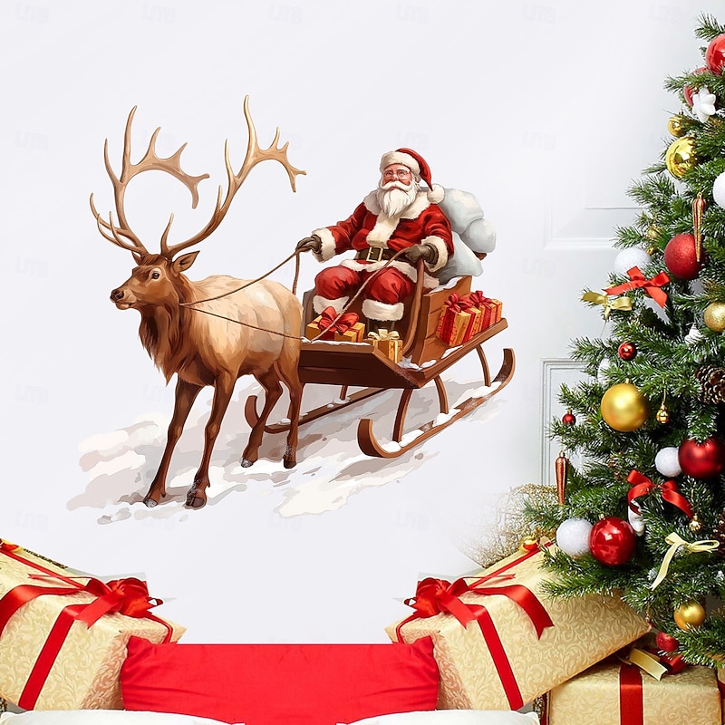 Christmas Sticker Wall Decals Holiday Atmosphere Santa Claus Reindeer Removable Vinyl Mural Living Room Dining Room Christmas Festival Background Wall Decoration Home Party Decor