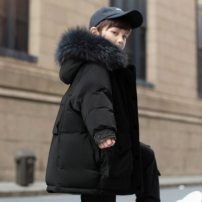 Kids Unisex Down Jacket Outdoor Jacket Puffer Jacket Outerwear Solid Color Long Sleeve Keep Warm Windproof Coat Outdoor Daily Basic Black Red Fall Winter 4 years+