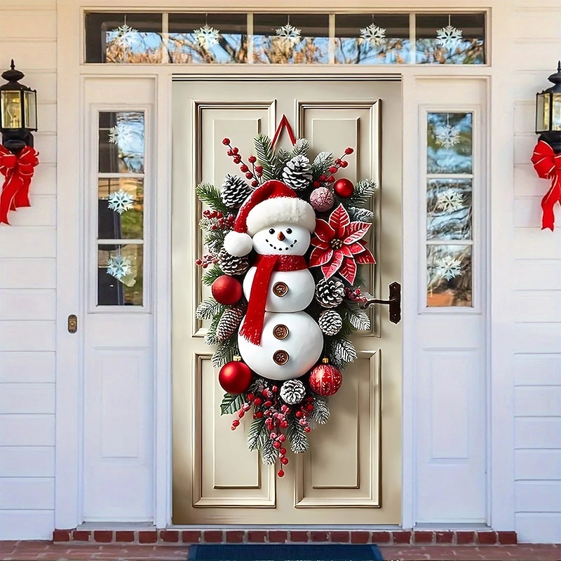 Christmas Door Cover Winter Holiday Decoration Drapes with Festive Santa Claus Snowman and Christmas Wreath Print for Home Entryway Living Room Bedroom Indoor Outdoor Wall Decor2