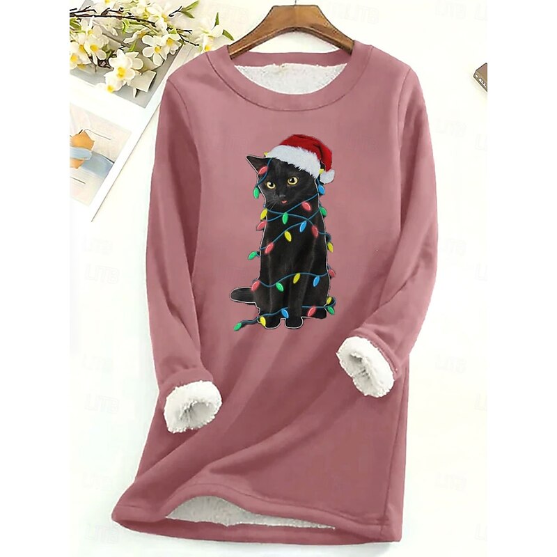 Women's Pullover Sweatshirt Graphic Cat Ugly Christmas Warm Casual Fuzzy Long Sleeve Crew Neck Long Tops Street Casual Light Pink Black Dark Pink Blue Spring Fall Winter4