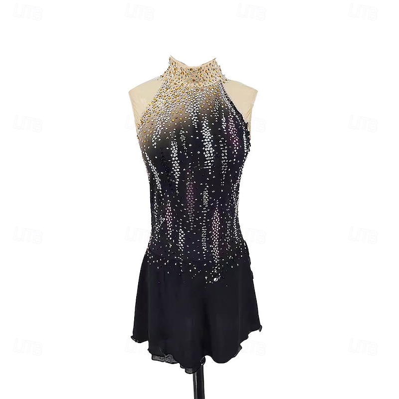 Figure Skating Dress Women's Girls' Ice Skating Dress Black Halo Dyeing Asymmetric Hem Spandex High Elasticity Training Professional Competition Skating Wear Classic Crystal / Rhinestone Sleeveless