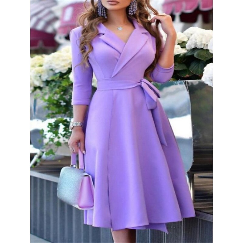 Women's Midi Dress A Line Dress Casual Daily Holiday Regular Fit Plain 3/4 Length Sleeve V Neck Black Wine Purple Summer Spring Fall2