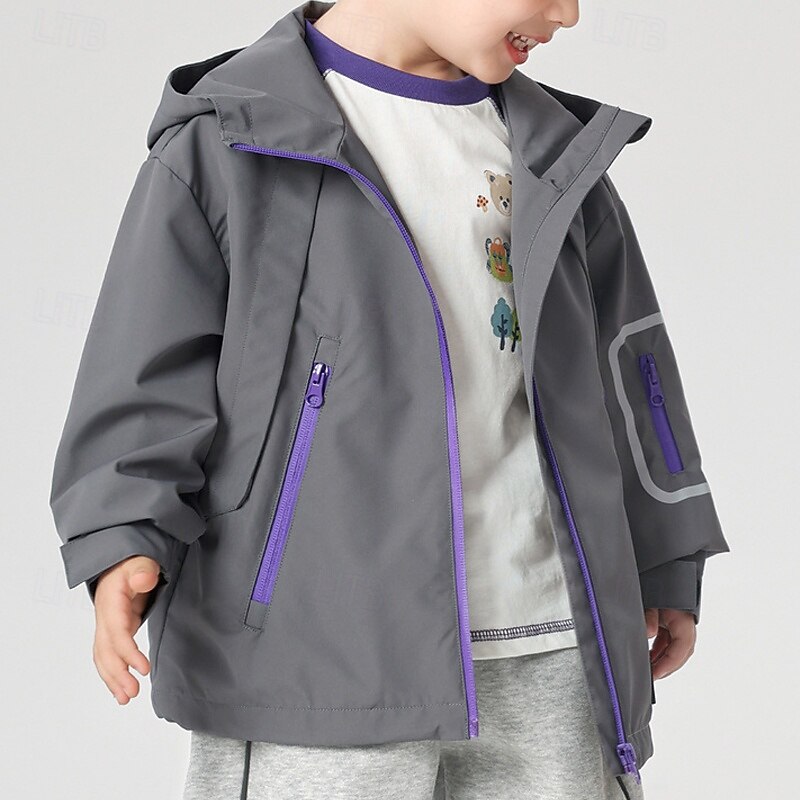 Kids Boys' Hiking Jacket Outdoor Jacket Outerwear Solid Color Long Sleeve Zipper Pocket Comfort Waterproof Windproof Coat Outdoor Fashion Daily Grey Spring Fall 4 years+2