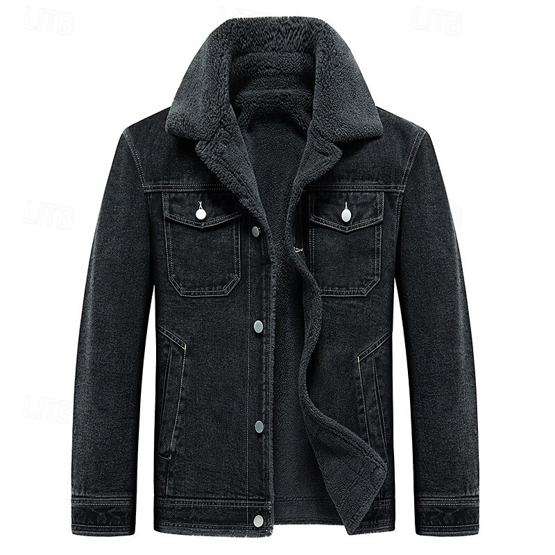 Men's Winter Jacket Fleece Jacket Denim Jacket Vacation Daily Thermal Warm Pocket Fleece Fall Winter Plain Fashion Streetwear Lapel Regular Black Blue Dark Gray Jacket2
