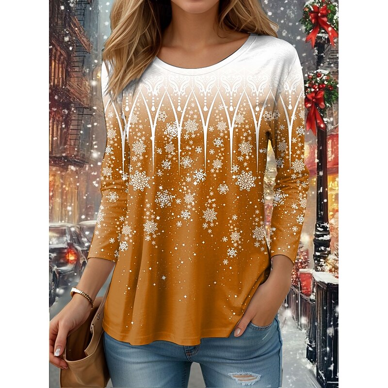 Christmas Women's T Shirt Graphic Snowflake Vintage Fashion Stylish Long Sleeve Crew Neck Regular Tops Daily Weekend Print Red Blue Purple Orange Green Spring Fall Winter
