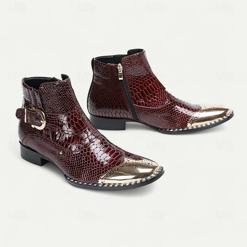 Men's Burgundy Genuine Leather Snake Print Ankle Boots with Metal Toe Cap – Rock Stage Performance Footwear4