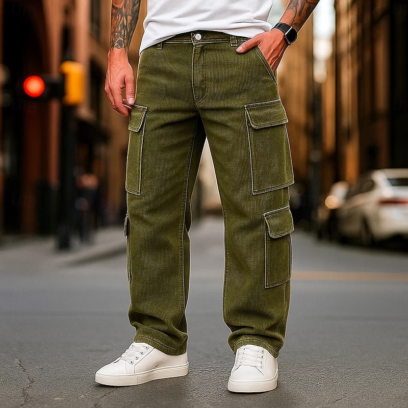 Men's Cargo Pants Cargo Trousers Corduroy Pants Zipper Pocket Buttons Solid Color Plain Soft Breathable Full Length Formal Office Work Vacation Stylish Dark Brown Army Green Inelastic3