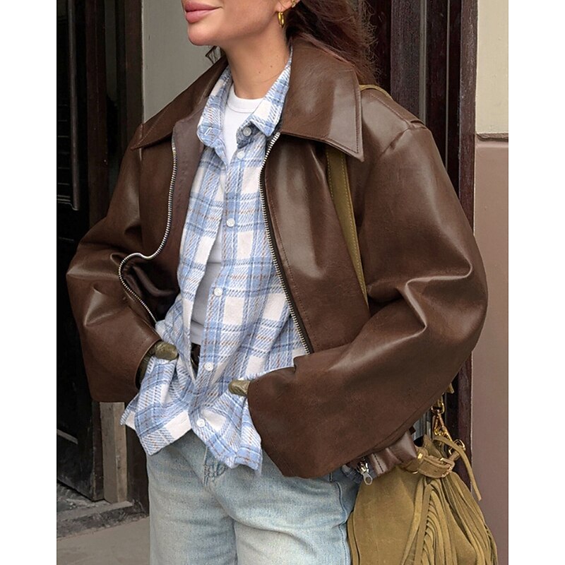 Women's Faux Leather Jacket Warm Comfortable Zipper Pocket Vintage Casual Plain Vacation Casual Going out Weekend Regular Turndown Regular Fit Long Sleeve Outerwear Black Wine Brown Fall Winter3