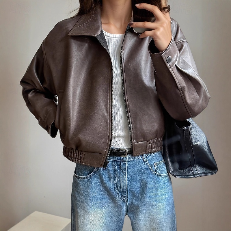 Women's Faux Leather Jacket Warm Comfortable Zipper Pocket Casual Plain Vacation Daily Wear Going out Weekend Regular Turndown Regular Fit Long Sleeve Outerwear Brown Fall Winter2