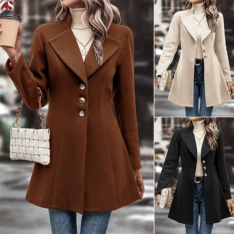 Women's Casual Jacket Warm Comfortable Pocket Buttons Fashion Outdoor Plain Going out Weekend Single Breasted Regular Lapel Regular Fit Long Sleeve Outerwear Black Apricot Coffee Fall Winter