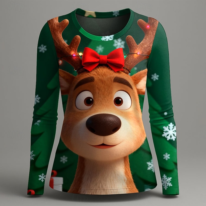 Christmas Women's T Shirt Graphic Reindeer Penguin Vintage Fashion Stylish Long Sleeve Crew Neck Round Neck Regular Tops Daily Weekend Print Black Red Green Summer Spring Fall Winter