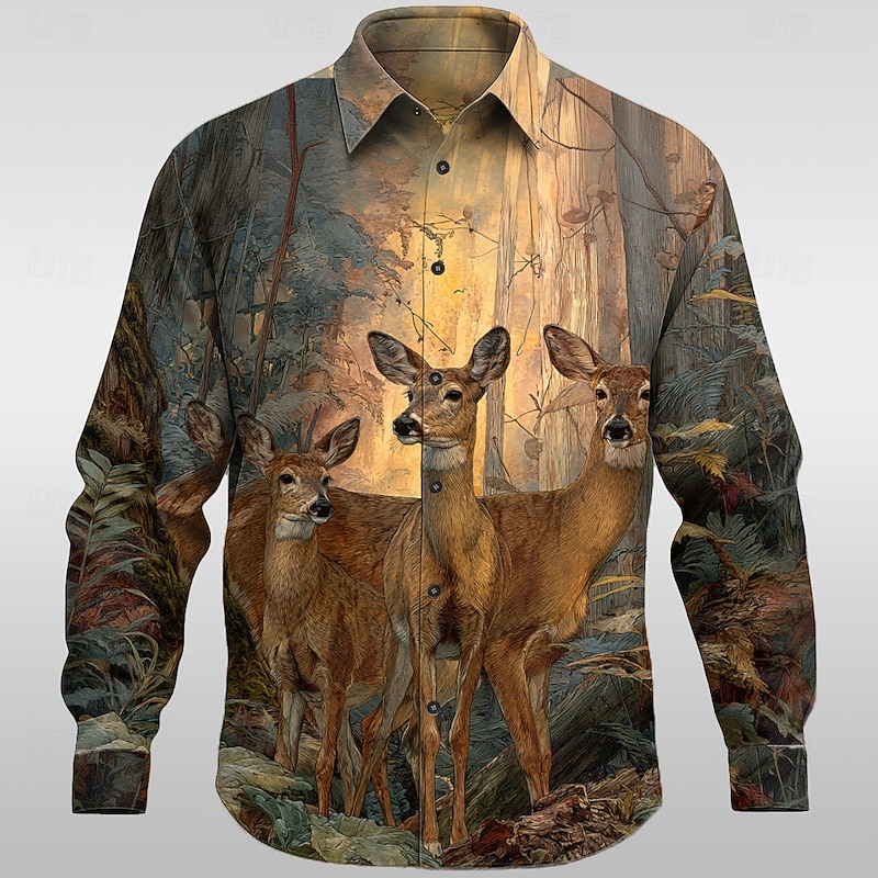 Men's Reindeer Nature & Landscapes Forest Shirt Button Up Shirt Long Sleeve Vintage Retro Outdoor Camping & Hiking Hunting Spring Fall Turndown 3D Print Collared Shirts Blue 1# Blue2