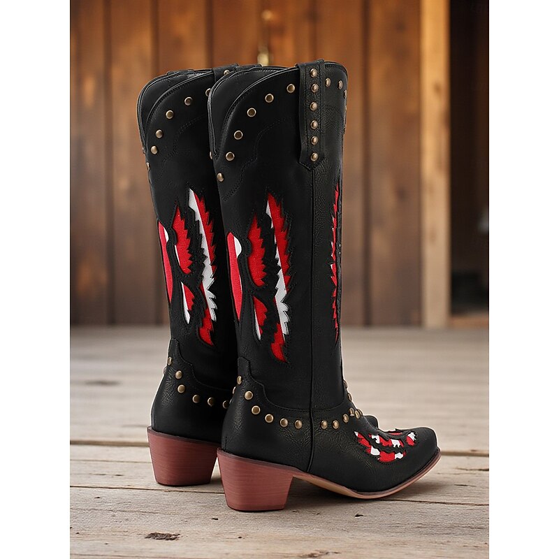 Women's Western-Style Embroidered Cowboy Boots, Black and Red Design with Stud Detailing, Perfect for Holloween Festivals, Country Concerts and Casual Outfits4
