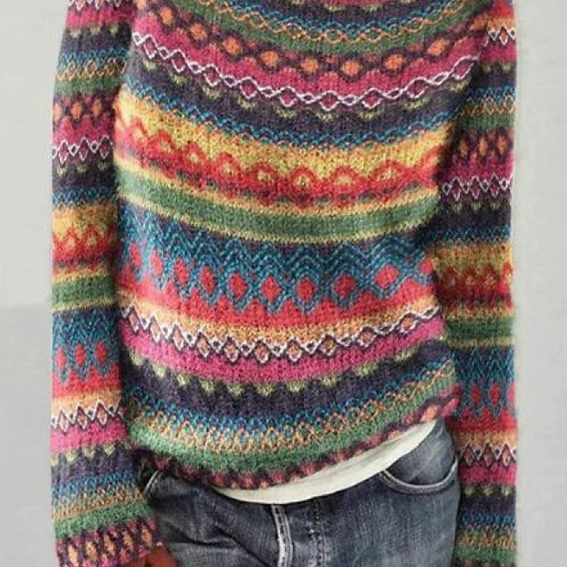 Women's Sweater Fair Isle Sweater Casual Soft Floral Ribbed Crew Neck Knitted Long Sleeve Regular Tops Knit Daily Holiday Going out Pink Fall3