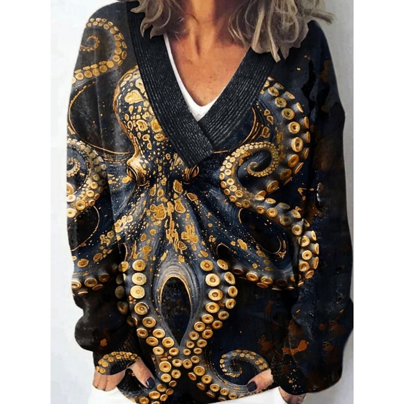 Women's Sweater Casual Soft Floral Graphic Ribbed V Neck Knitted Long Sleeve Regular Tops Knit Outdoor Daily Weekend Black Yellow Fall Winter2