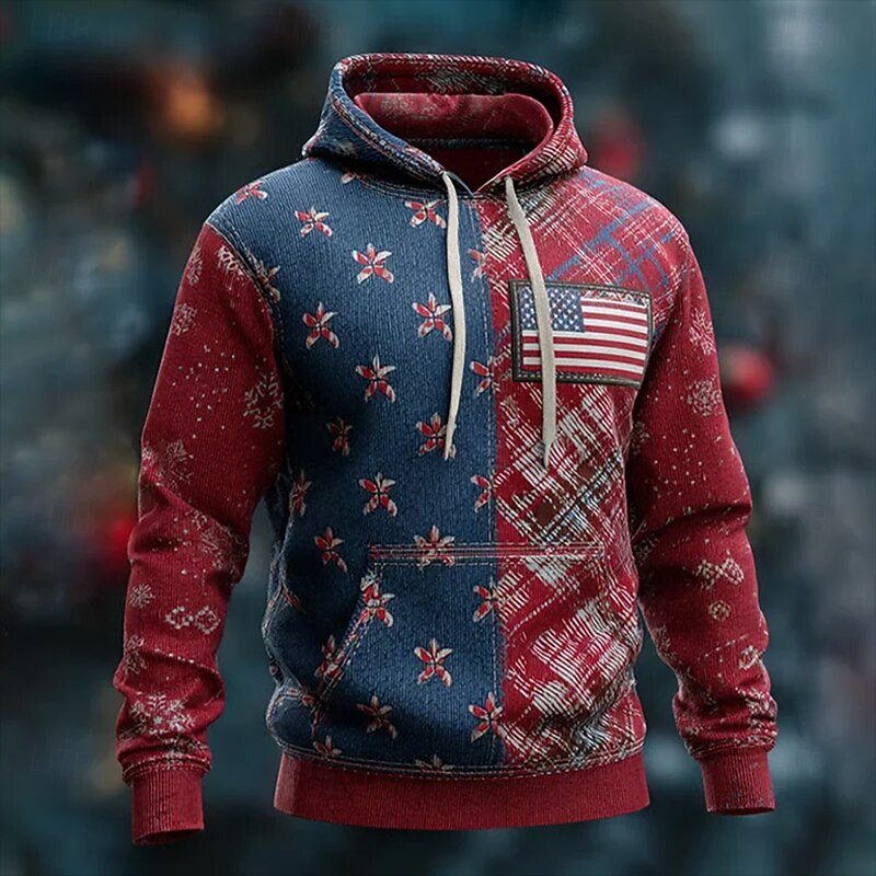 Christmas Men's American Flag Flower / Plants Hoodie Fashion Daily Hooded Vacation Party Streetwear Red Printing Fall Winter Designer