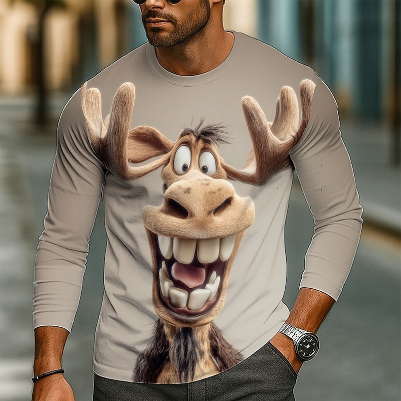Men's Elk 3D Cartoon Funny T Shirt Long Sleeve T shirt 3D Print Crew Neck Shirt Fashion Basic Street Casual Daily Light Green Gray Summer Spring Clothing Apparel S M L XL XXL XXXL - Main Image