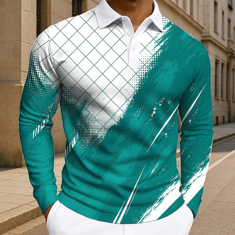 Men's Geometic Line Polo Long Sleeve Polo Shirts Lapel Business Casual Athleisure Daily Wear 3D Print Buttons Spring Fall Winter Blue Purple Green3