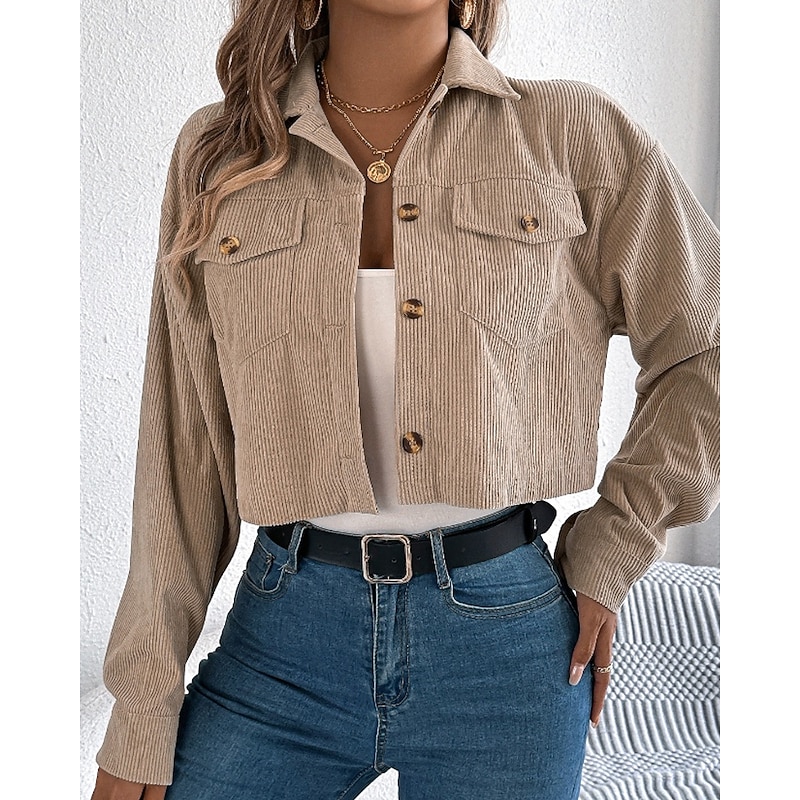 Women's Jacket Casual Jacket Comfortable Pocket Buttons Casual Plain Vacation Street Daily Wear Going out Short Turndown Regular Fit Long Sleeve Outerwear Black Pink Khaki Fall Winter3